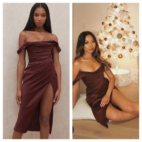 House of CB Dresses & Skirts - HOUSE OF CB / Rhoda Off the Shoulder Corset Dress brown raisin satin XS